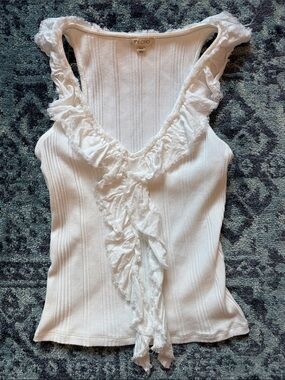 Pilcro White Ribbed Tank with Ruffle V-Neck
